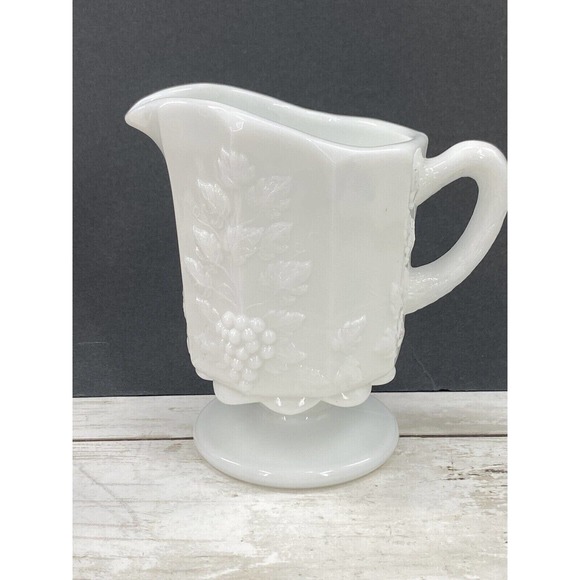 Vintage Westmoreland Footed Milk Glass Pitcher Paneled Grape and Vine Pattern - Picture 1 of 12